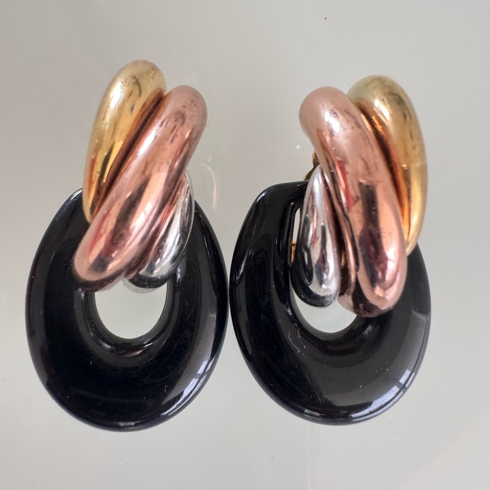 Joan Rivers Earrings Dangle Gold Plated 3 Color Door knocker Clip On 1.75in